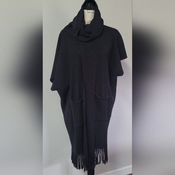 Black, turtleneck poncho with fringe at the bottom in OS. - Picture 2 of 8
